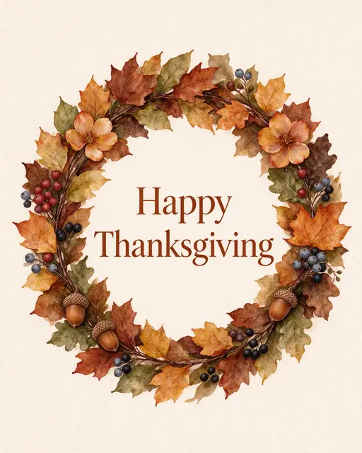 Watercolor autumn wreath of leaves, acorns and berries frames the text "Happy Thanksgiving" on cream textured paper
