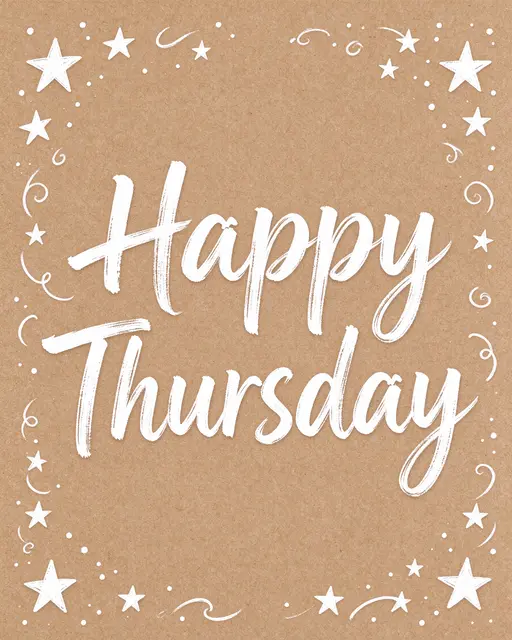 "Happy Thursday" written in white brush lettering on a kraft paper background framed with hand-drawn white stars and swirls