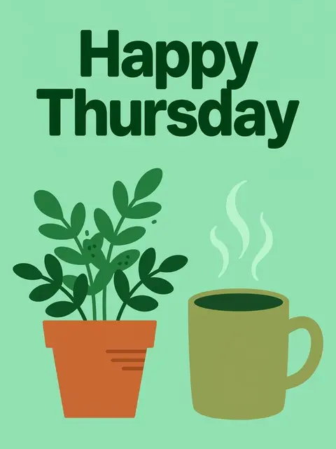 "Happy Thursday" bold dark green text above a terracotta potted plant and steaming mug on a mint green background