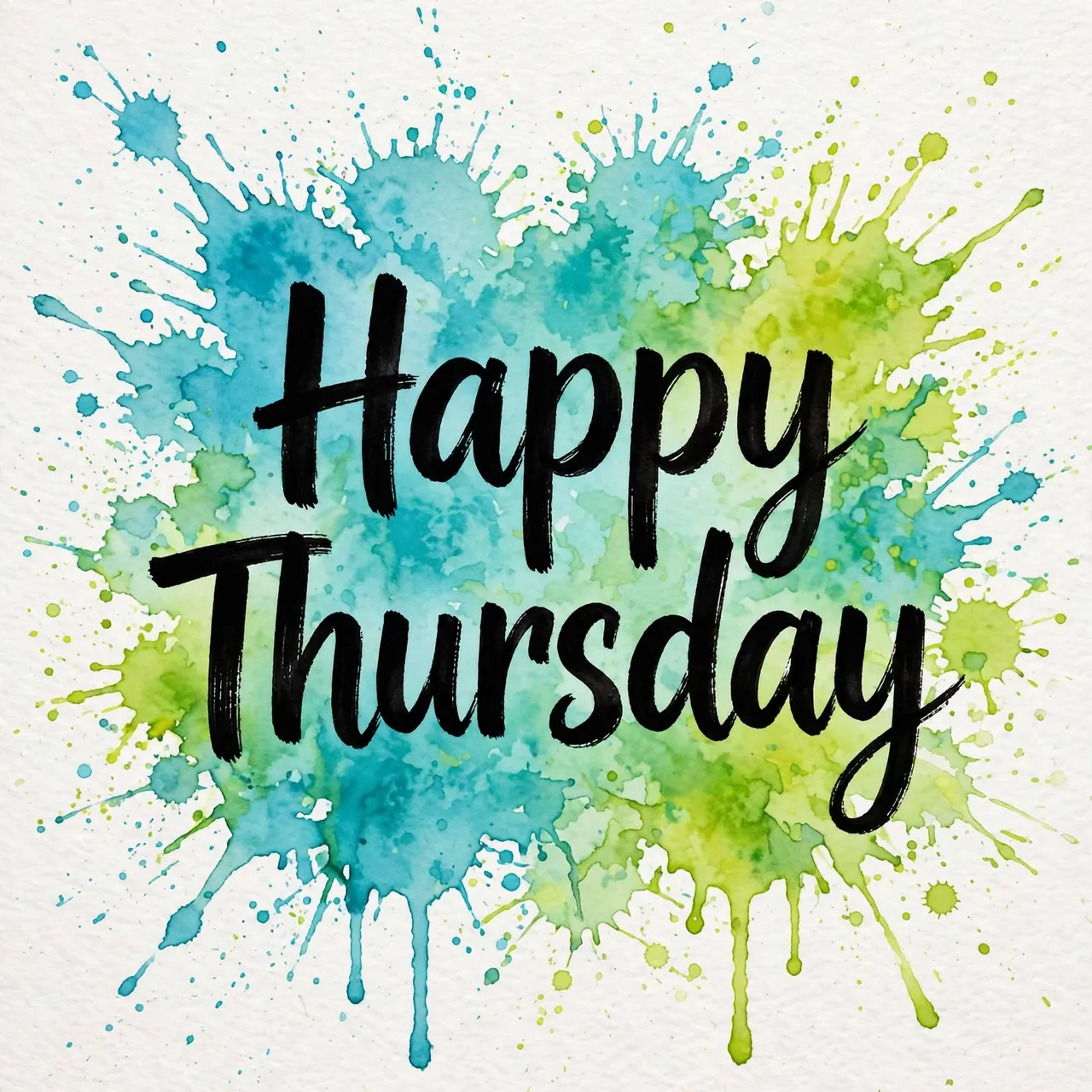 "Happy Thursday" in bold black brush lettering over turquoise and lime watercolor splashes on textured white paper