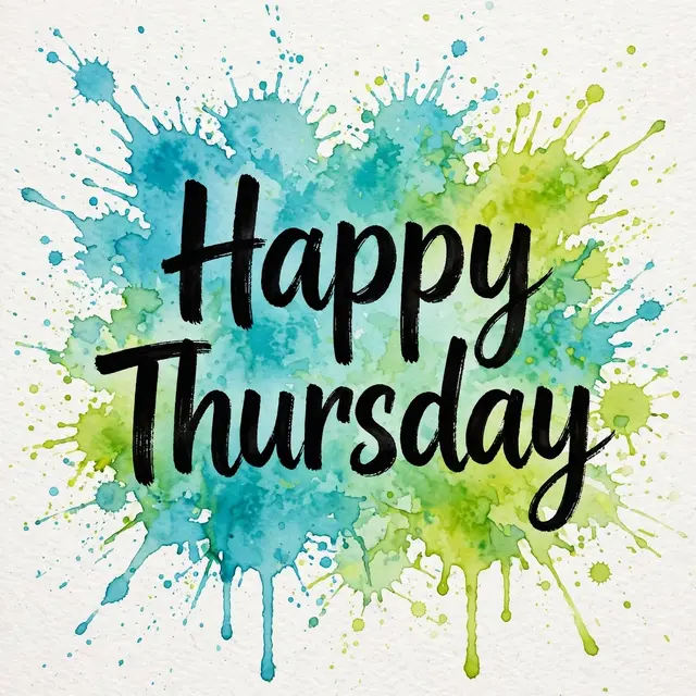 "Happy Thursday" in bold black brush lettering over turquoise and lime watercolor splashes on textured white paper