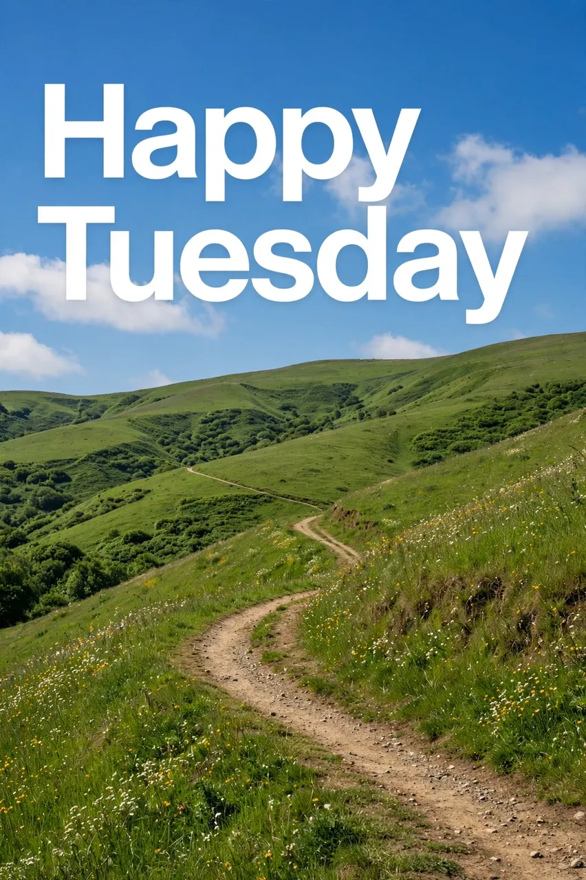 Bold white 'Happy Tuesday' text over a sunny dirt trail winding through green hills under a bright blue sky.