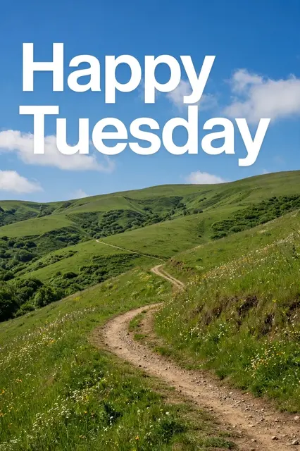 Bold white 'Happy Tuesday' text over a sunny dirt trail winding through green hills under a bright blue sky.