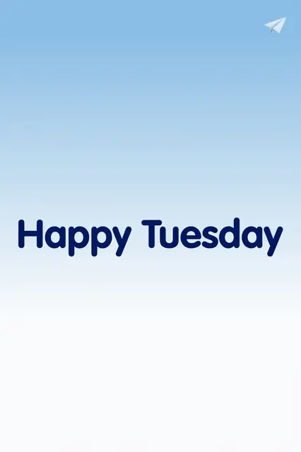 "Happy Tuesday" in centered navy rounded type over a soft blue to white gradient with a small paper airplane in the top