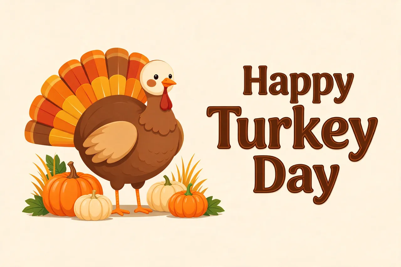 Flat vector illustration of a cute round fanned turkey next to pumpkins with bold text reading "Happy Turkey Day" on a warm