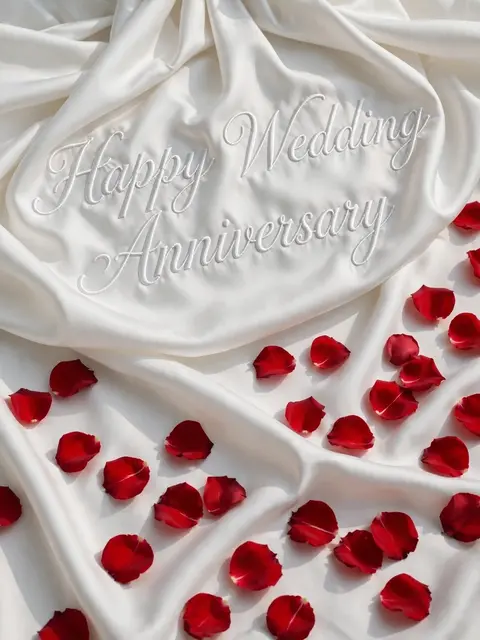 Embroidered "Happy Wedding Anniversary" script sits on soft folded white silk scattered with deep red rose petals.