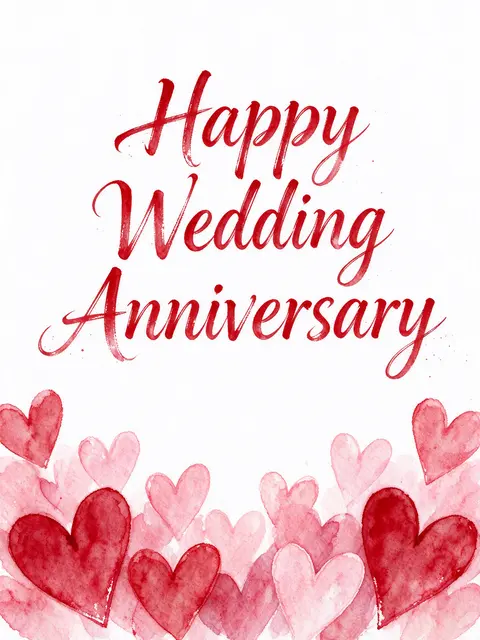 Watercolor card with crimson 'Happy Wedding Anniversary' lettering above overlapping red and pink hearts on a white