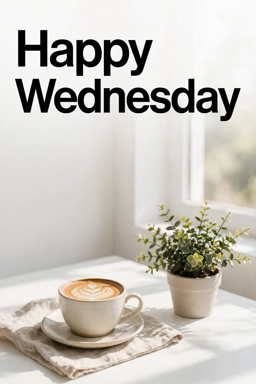 "Happy Wednesday" bold black text above a latte coffee cup and potted plant on a sunlit white desk by a window