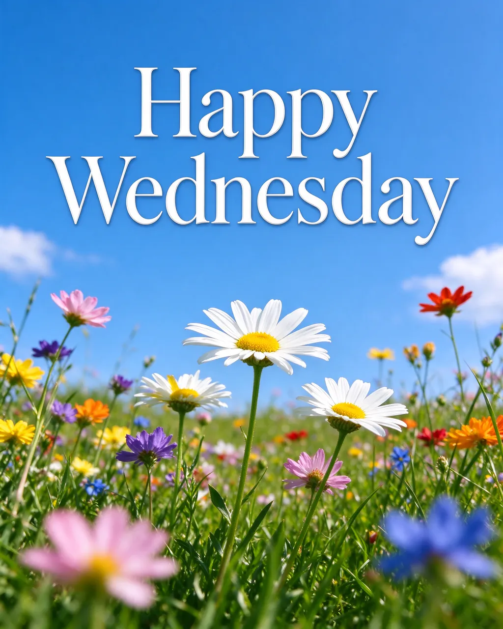 "Happy Wednesday" in white serif text over a sunny wildflower meadow under a bright blue sky