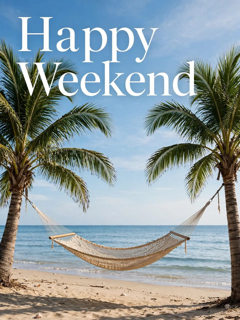 "Happy Weekend" in white serif type over a hammock strung between palm trees on a sunny beach
