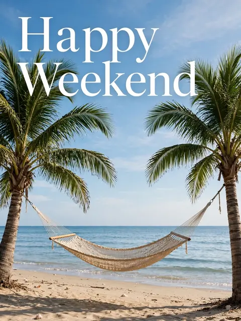 "Happy Weekend" in white serif type over a hammock strung between palm trees on a sunny beach