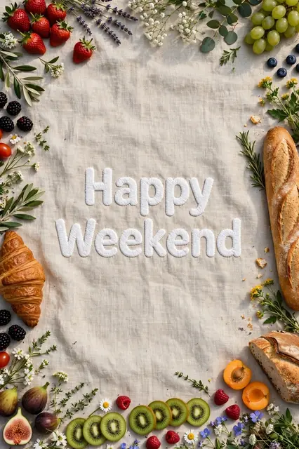 "Happy Weekend" embroidered on a linen picnic blanket framed with fresh fruit, bread and wildflowers
