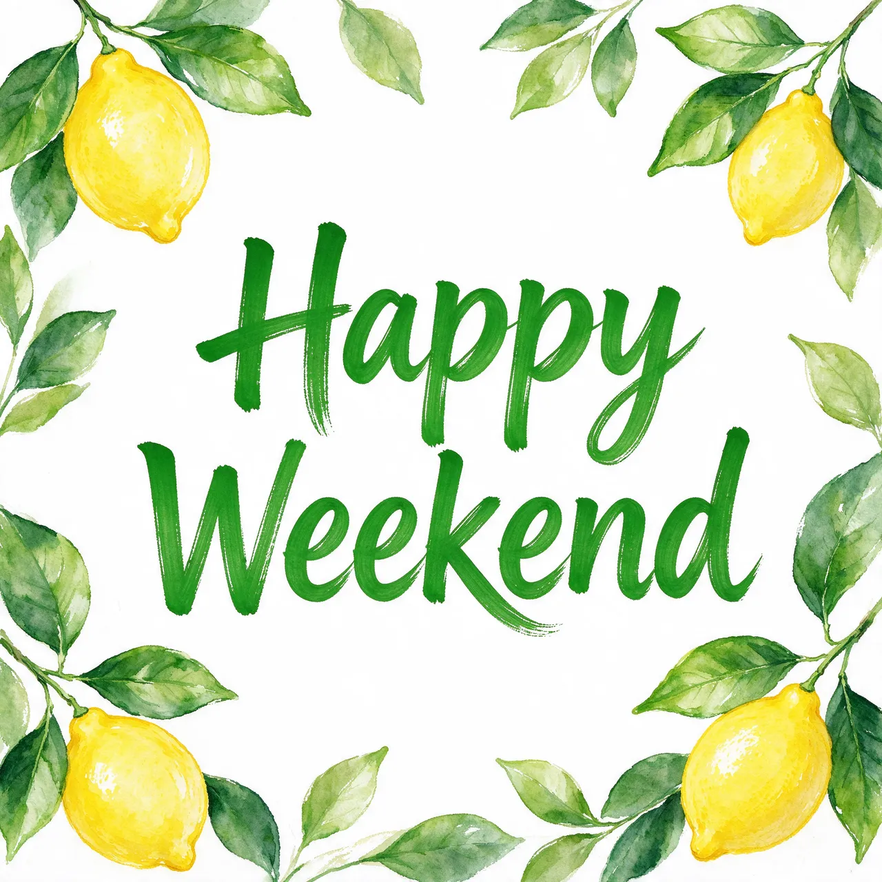 Bold green brush lettering reading "Happy Weekend" sits centered over a white background framed by loose watercolor lemons