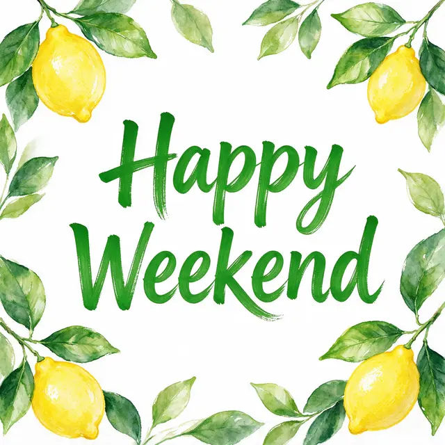 Bold green brush lettering reading "Happy Weekend" sits centered over a white background framed by loose watercolor lemons