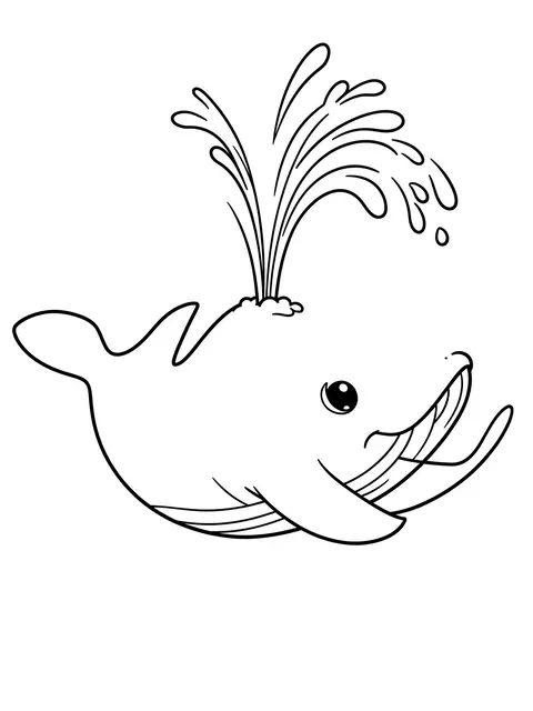 Bold black line drawing of a smiling whale spouting a water fountain on a plain white background