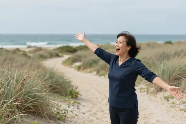 Excited mature East Asian woman stands with outstretched arms on a sand dune path facing the sea