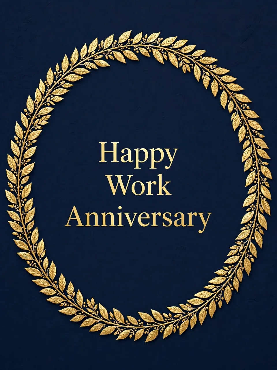Elegant gold laurel wreath frames centered gold serif text reading "Happy Work Anniversary" on a navy blue background