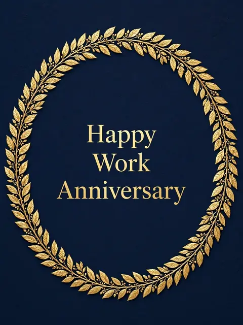 Elegant gold laurel wreath frames centered gold serif text reading "Happy Work Anniversary" on a navy blue background