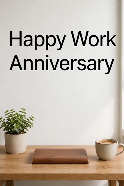 "Happy Work Anniversary" text displayed above a wooden desk with a potted plant, leather notebook and coffee cup