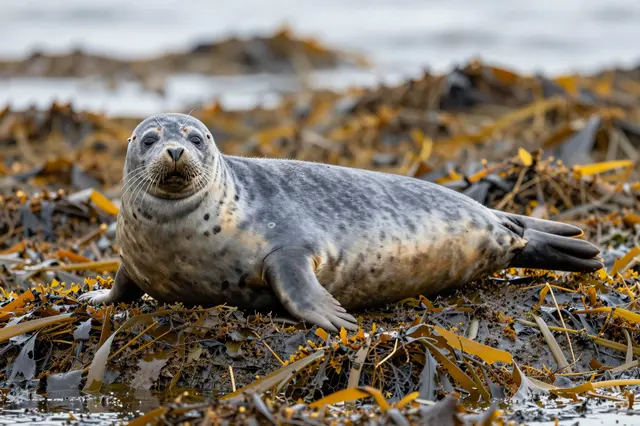 A spotted gray harbor seal rests on seaweed-covered rock at low tide under overcast light.