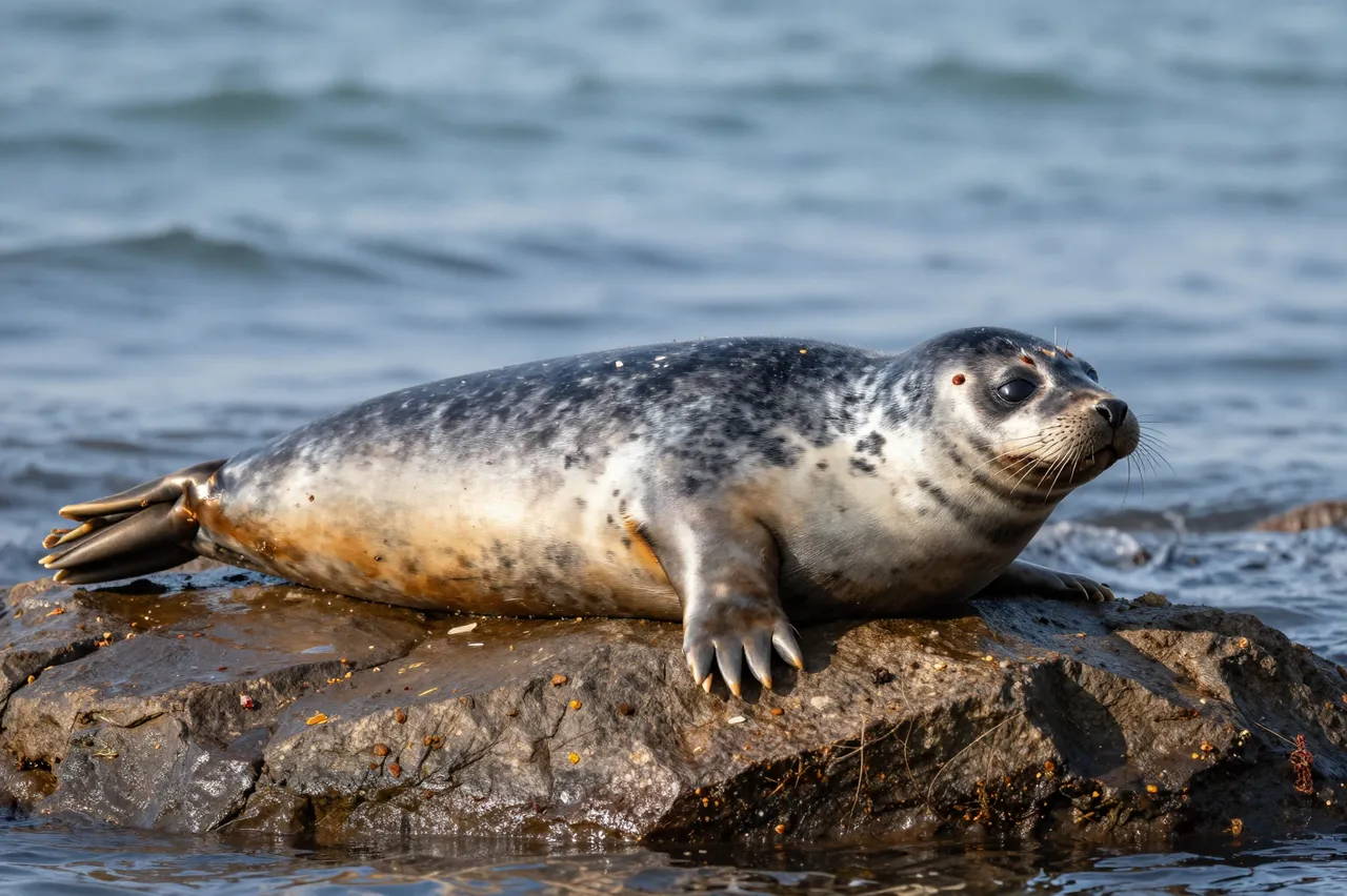 A spotted harbor seal rests on a wet rock surrounded by calm coastal sea water.