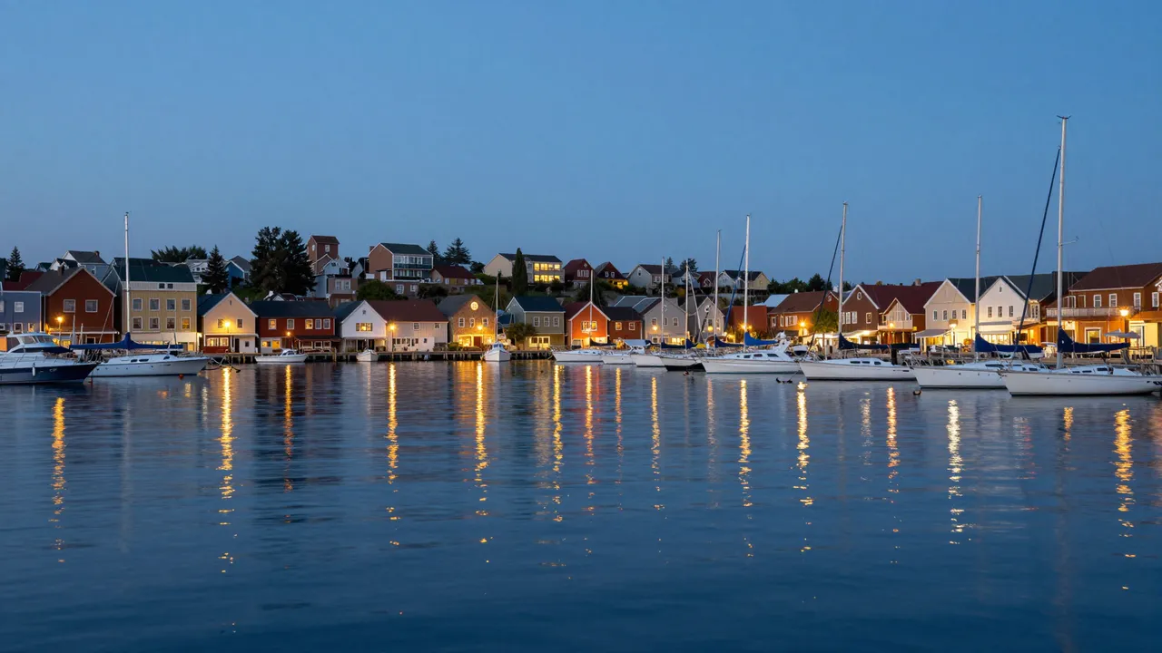 Coastal harbor town with lit waterfront buildings and anchored sailboats reflects in calm water at blue hour