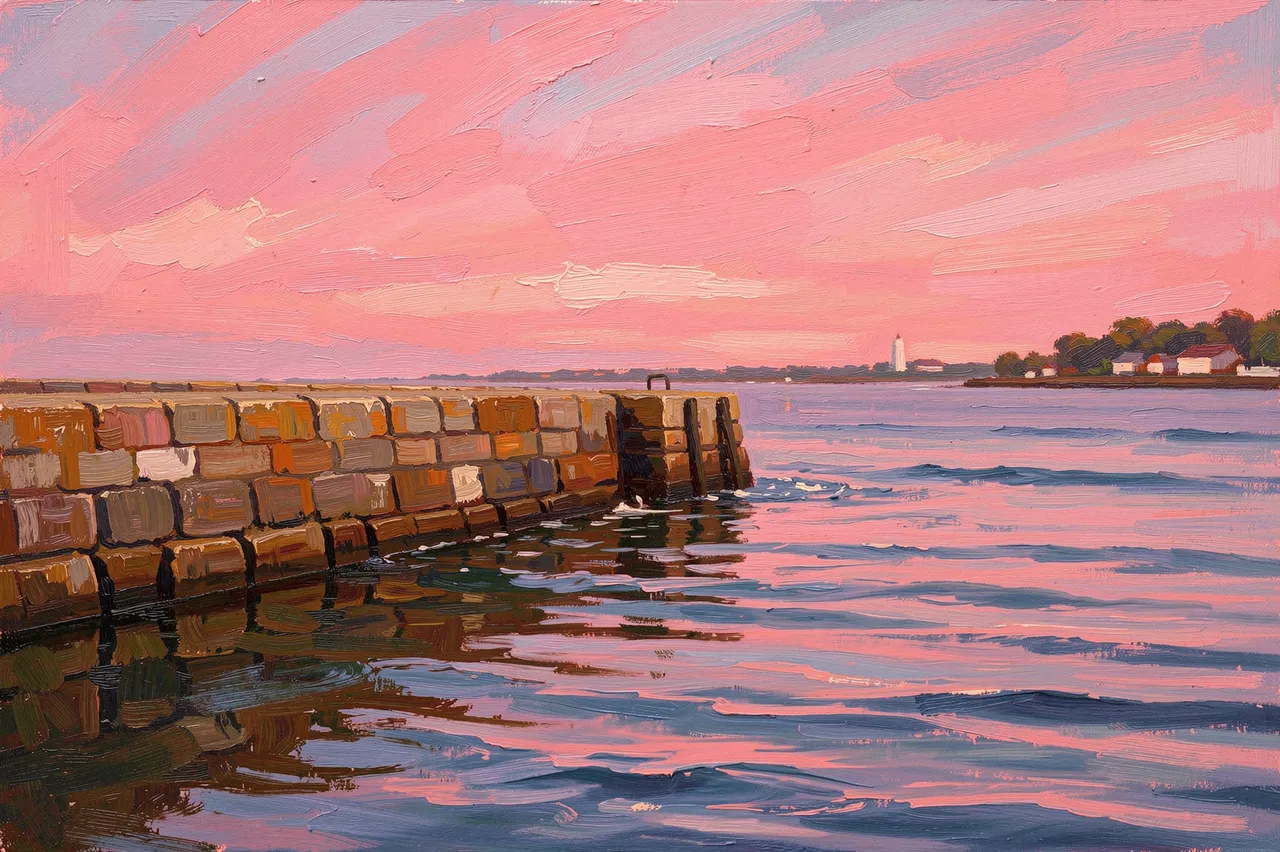 Textured oil painting of a stone harbor wall next to calm water under a soft pink evening sky