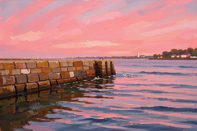 Textured oil painting of a stone harbor wall next to calm water under a soft pink evening sky