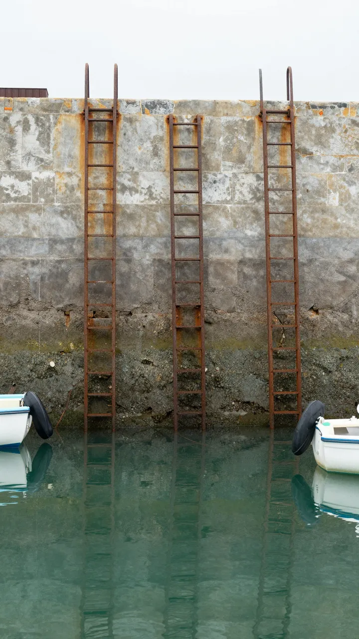 Three rusted iron ladders mounted on a weathered stone harbor wall above green water with small moored boats at high tide