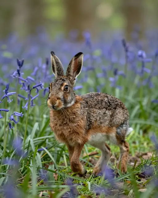 A wild hare stands among purple bluebell flowers in a sun dappled spring woodland