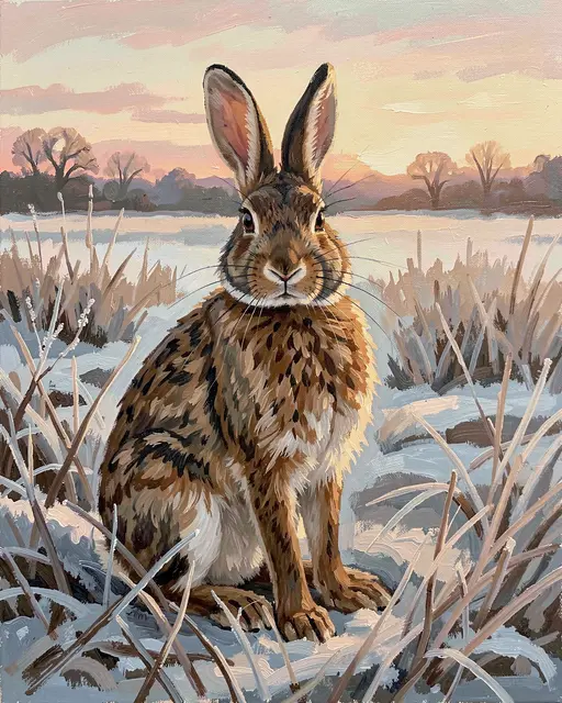 Gouache painting of a brown hare sitting upright in a frosty grassy field at soft pastel dawn
