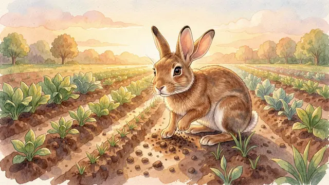 A cute brown hare sows seeds in a neat vegetable patch at soft warm sunrise, rendered in storybook watercolor.