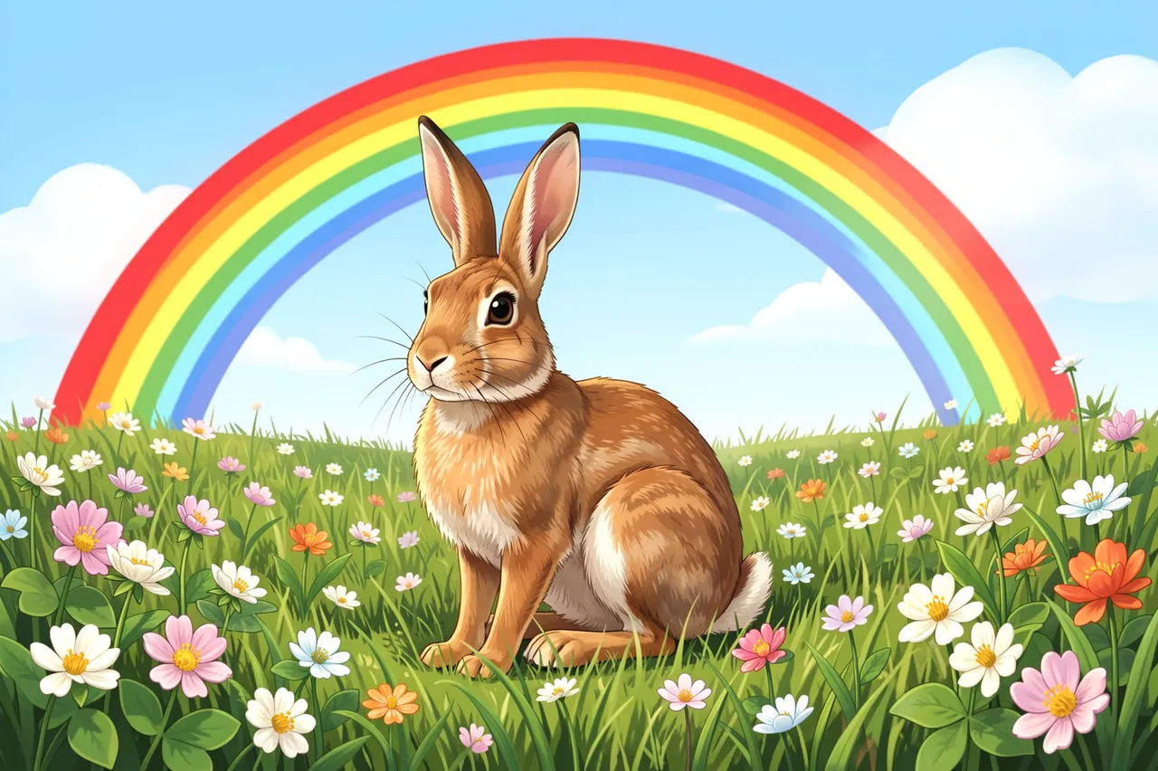 An illustrated brown hare sits in a flower-filled grass meadow beneath a bright curved rainbow and blue sky.