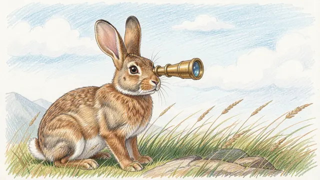 Colored pencil drawing of a brown hare holding a brass spyglass while sitting on a grassy windy hilltop