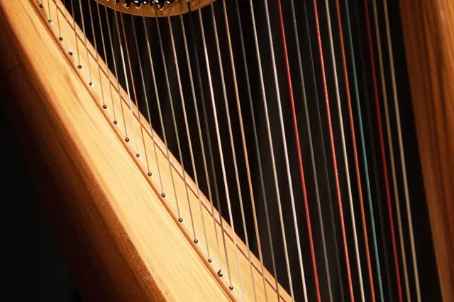 Close-up view of a wooden harp's colored strings lit by warm stage lighting against a dark backdrop