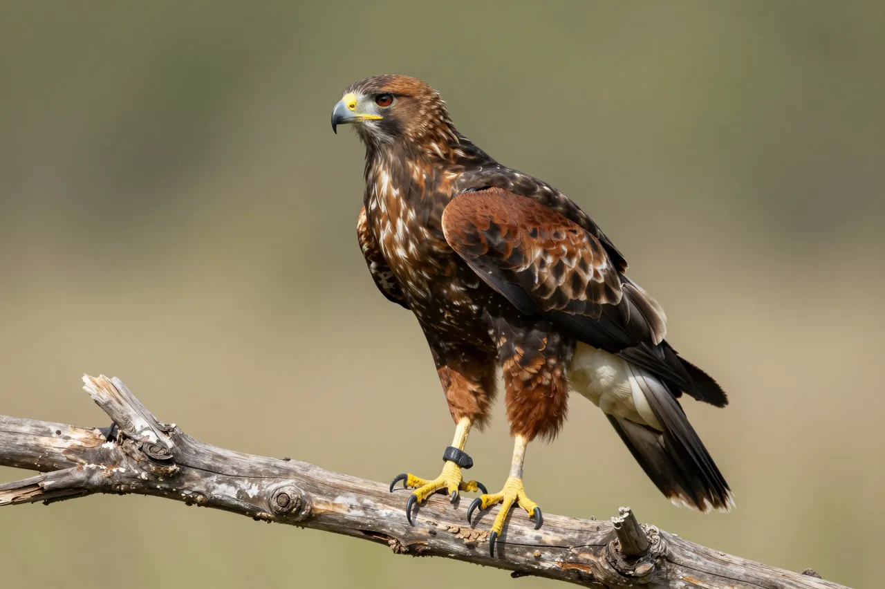 A Harris's hawk with rusty wing plumage stands alert on a gnarled dead wooden branch