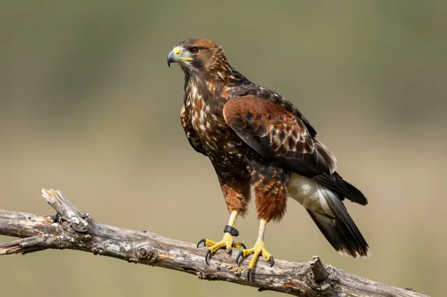 A Harris's hawk with rusty wing plumage stands alert on a gnarled dead wooden branch