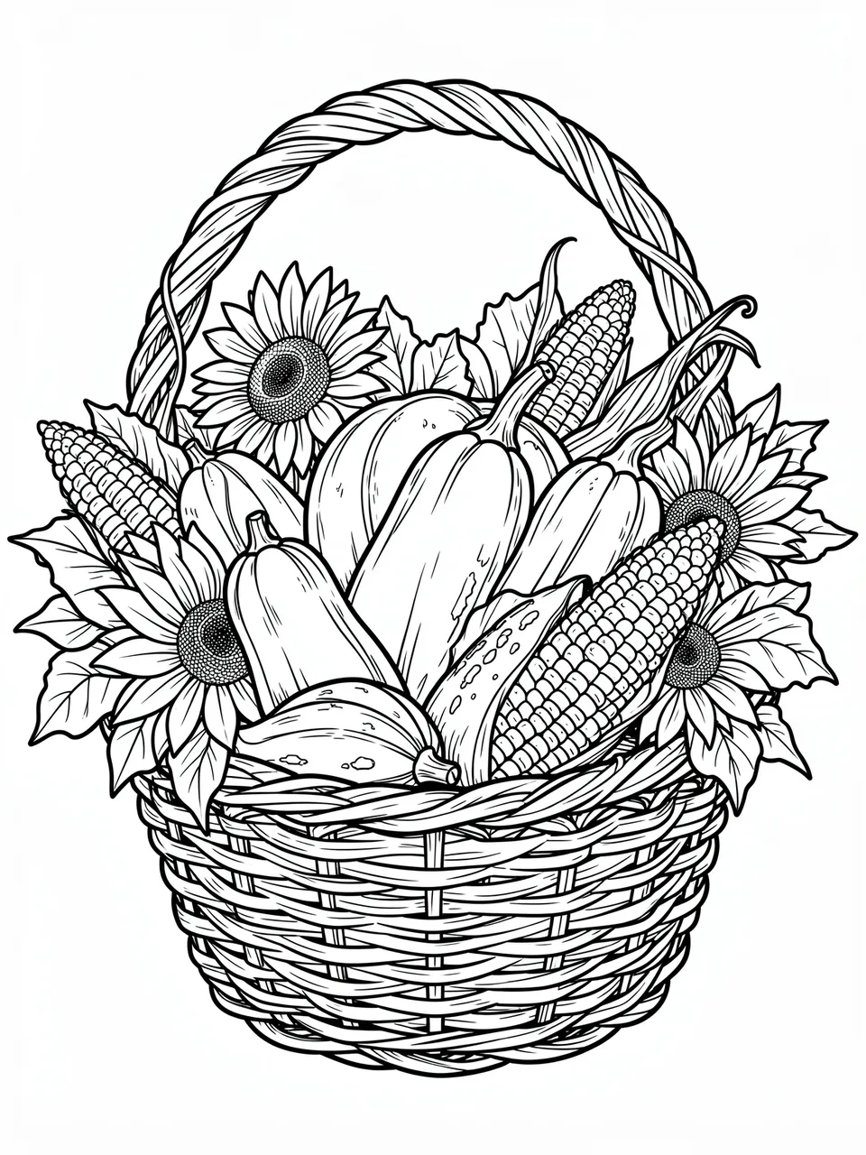 Black and white line drawing of a woven basket filled with gourds, corn, and sunflowers on a plain white background