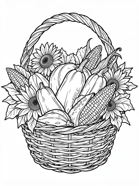 Black and white line drawing of a woven basket filled with gourds, corn, and sunflowers on a plain white background