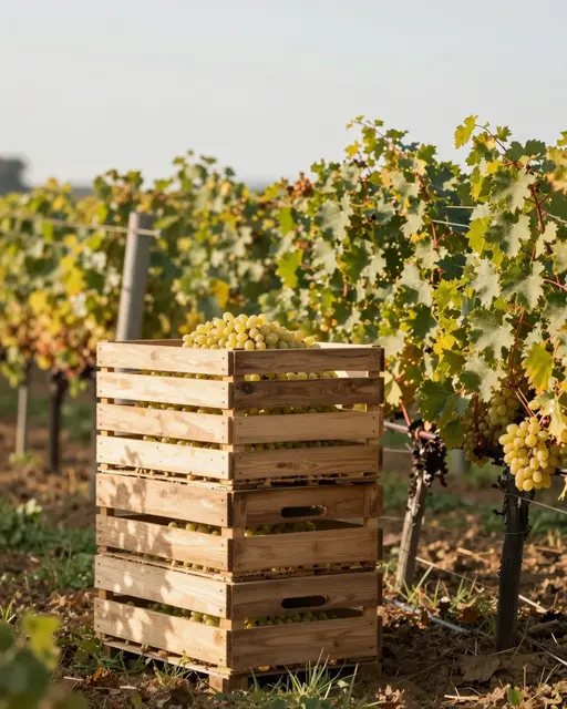 Stacked wooden crates full of white grapes sit at the edge of a sunlit vineyard row during harvest