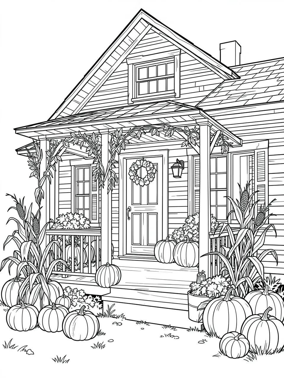 Black and white line art of a farmhouse porch decorated with pumpkins, corn stalks and a fall wreath for harvest season