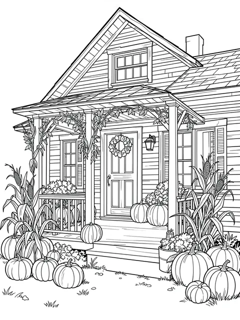 Black and white line art of a farmhouse porch decorated with pumpkins, corn stalks and a fall wreath for harvest season