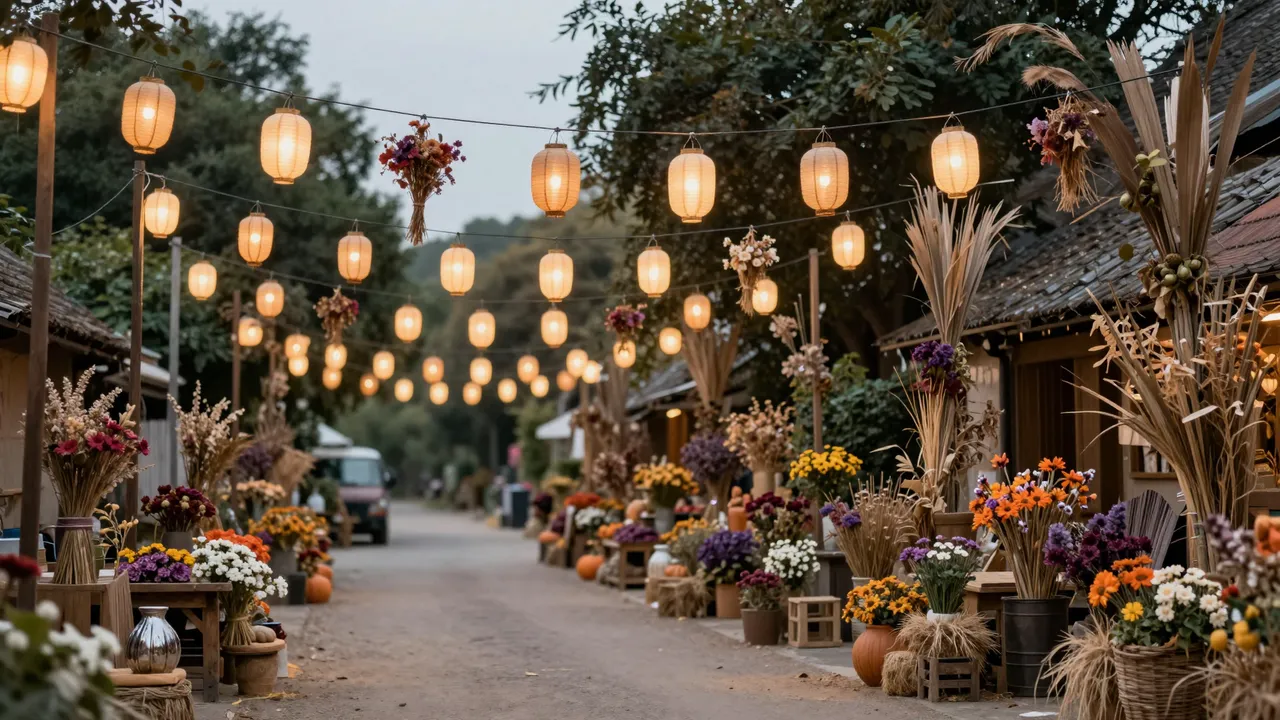 Quiet village lane strung with glowing lanterns and dried flower bunches at evening harvest festival
