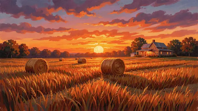 Gouache painting of a harvest field with hay bales and a glowing farmhouse at warm sunset