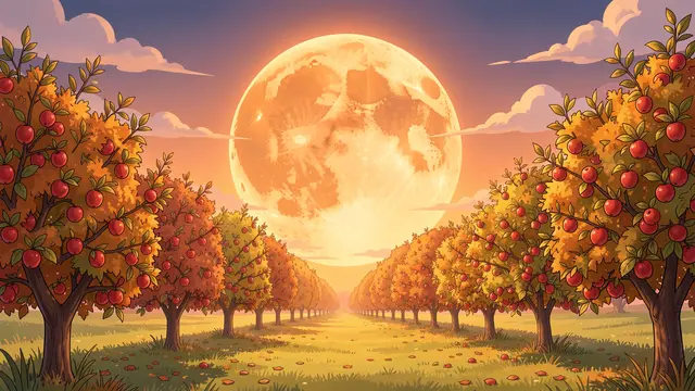 A huge glowing orange harvest moon rises over rows of autumn apple trees in a quiet orchard