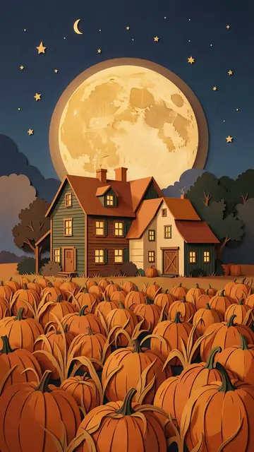 Paper cut illustration of a farmhouse beside a pumpkin field under a large glowing harvest moon at night