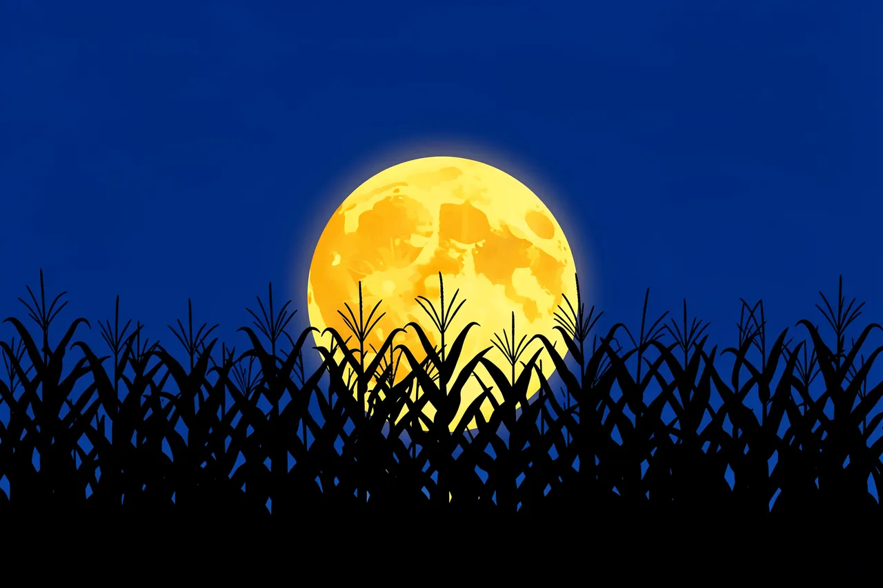 Glowing golden harvest moon rises behind dark cornfield silhouettes against a deep blue night sky