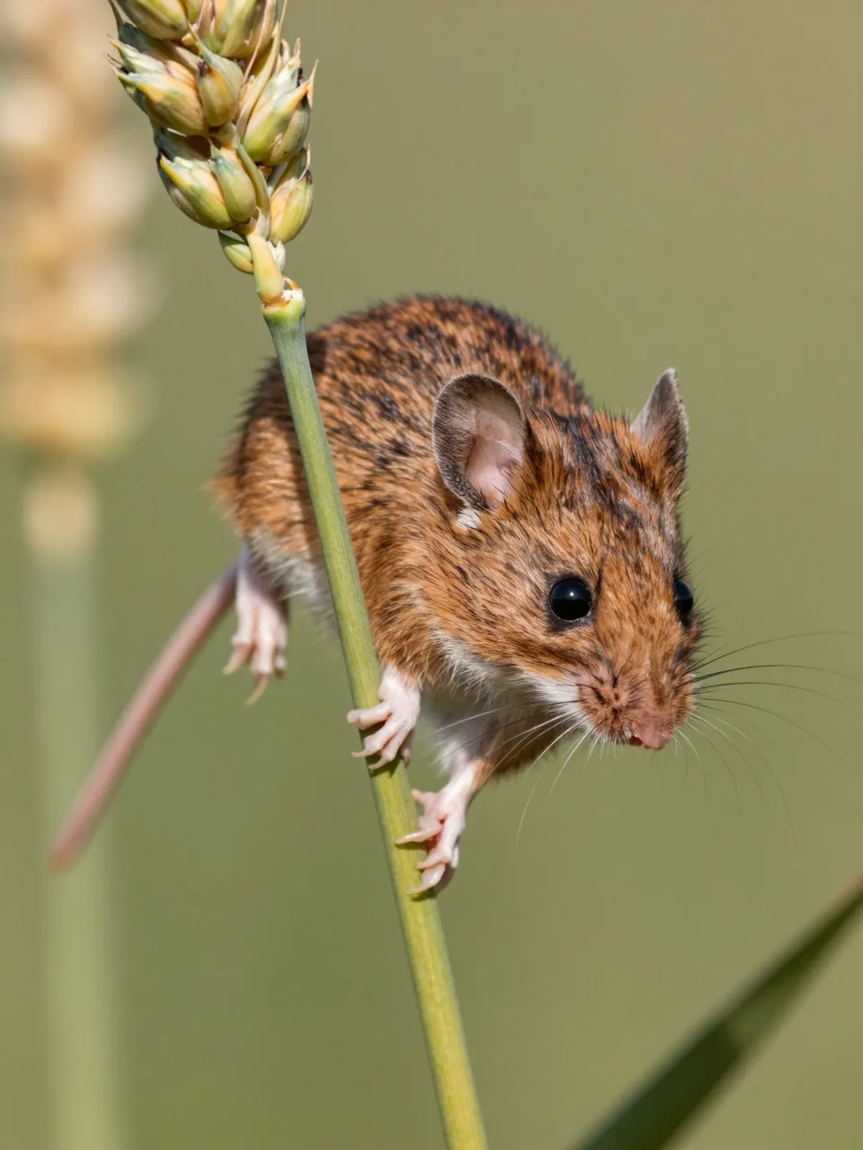A small brown harvest mouse clings to a green wheat stalk with ripe grain overhead