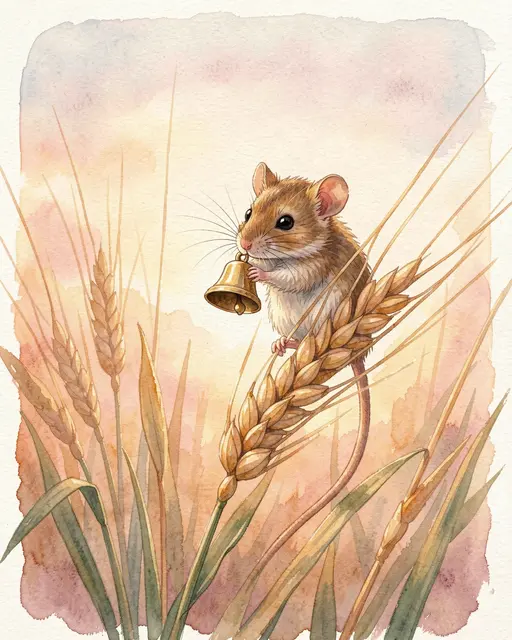 Watercolor illustration of a cute harvest mouse perched on a wheat stalk holding a tiny brass bell at dawn