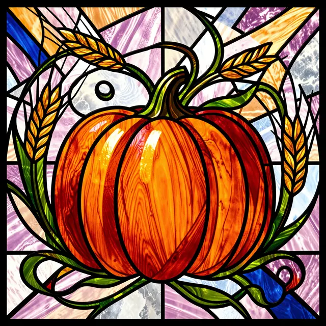 Stained glass panel depicting a ripe pumpkin with curling vines and golden wheat stalks separated by bold black lead lines